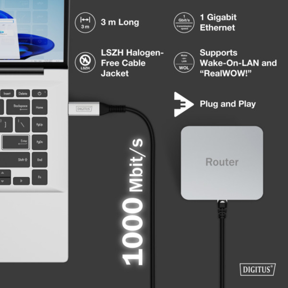 Дата кабель USB AM to RJ45 Ethernet 3.0m CAT 6A S/FTP 1Gbps LSZH Digitus (AK-300600-030-S)