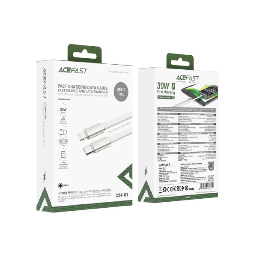 Дата кабель USB 2.0 AM to Lightning 1.2m 30W nylon white Acefast (6974316286240)