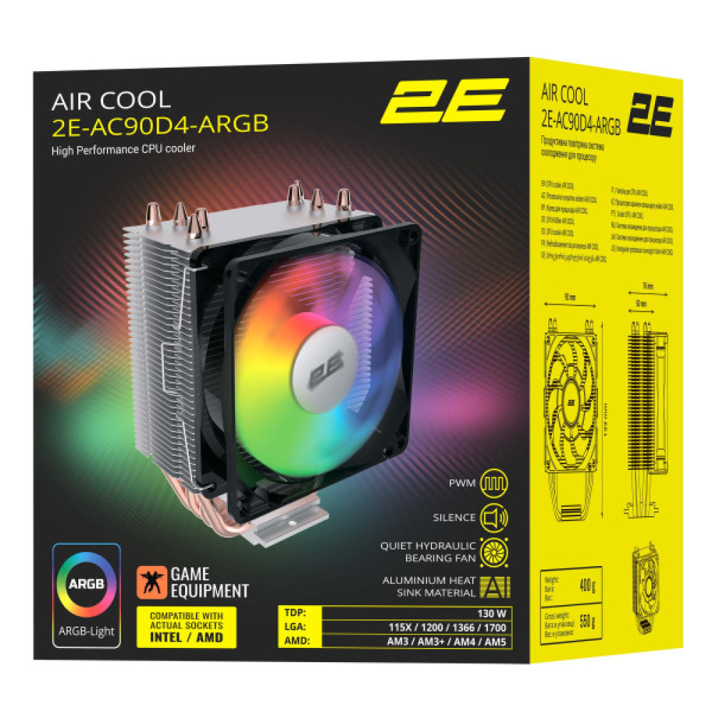 Процесорний кулер  2E GAMING Air Cool AC90D4-ARGB, LGA1851, 1700, 1200, 1366, 115x, AM5, AM4, AM3, AM3+, 4pin PWM, TDP 130W