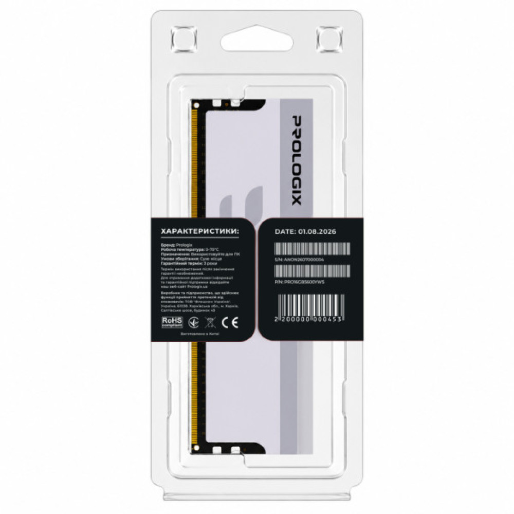 Модуль пам'яті для комп'ютера DDR5 16GB 5600 MHz Onyx White Prologix (PRO16GB5600YW5)