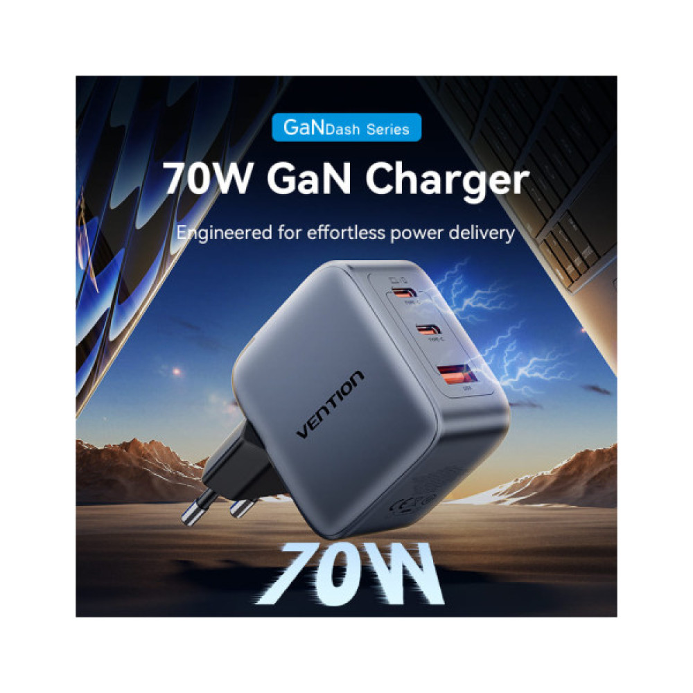 Зарядний пристрій Vention 2xUSB-C PD70W + 1xUSB QC3.0 22.5W GaN gray (FEXH0-EU)