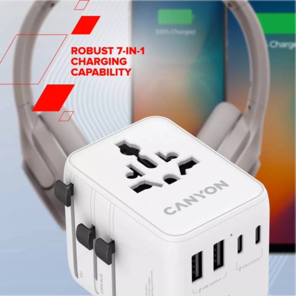 Зарядний пристрій Canyon OnTour 70 3xUSB-C + 2xUSB-A EU/UK/US/AUS 70W White (CNS-TA70W1006W)