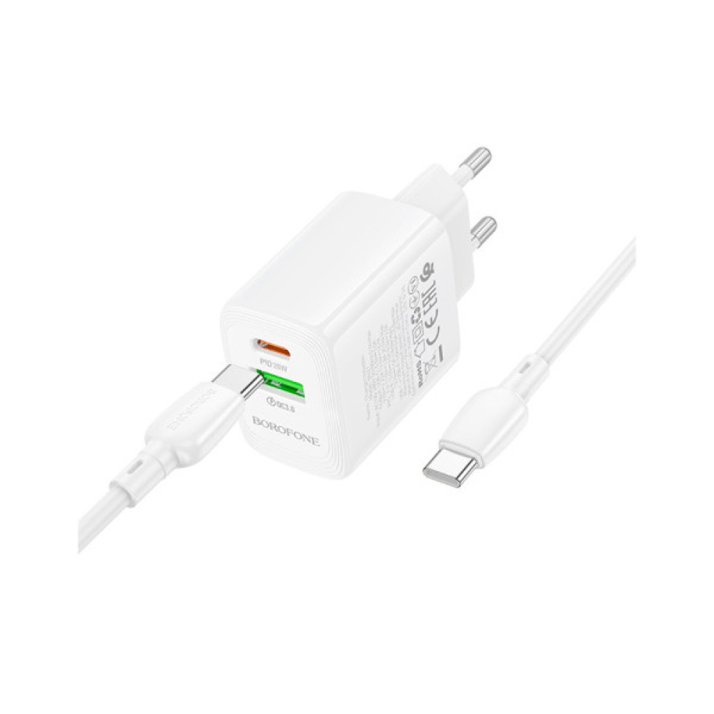 Зарядний пристрій BOROFONE BN27 Fuente 1xUSB-C PD20W + 1xUSB QC3.0 + cable USB-C to USB-C White (6941991120282)