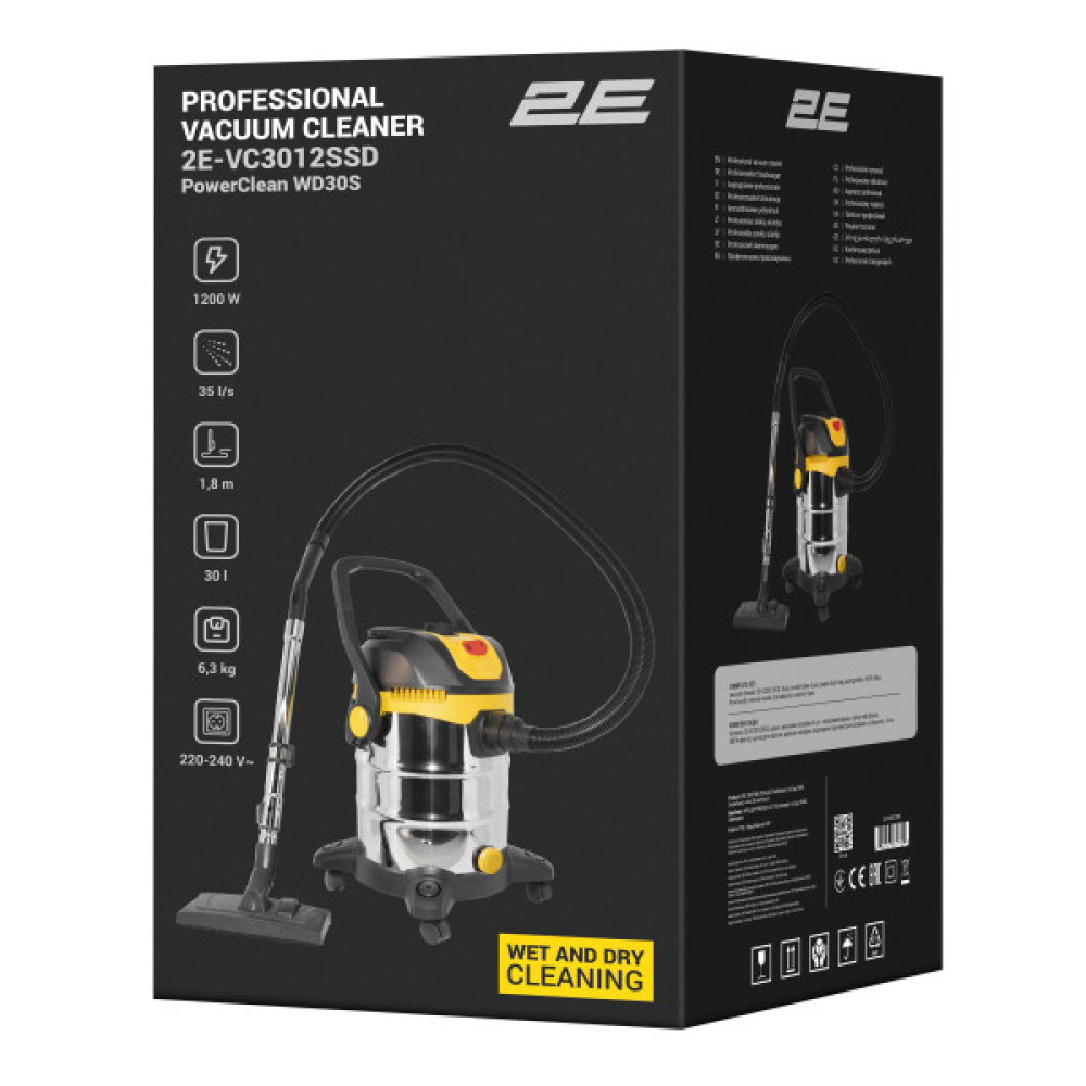 Пилосос професійний 2E PowerClean 30S 1200Вт 17кПа контейнер 30л розетка 220В/2000Вт вологе/сухе прибирання функція повітродувки IPX4 6.3кг