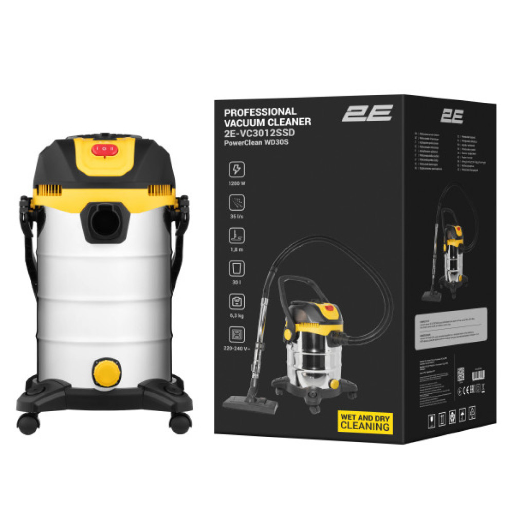 Пилосос професійний 2E PowerClean 30S 1200Вт 17кПа контейнер 30л розетка 220В/2000Вт вологе/сухе прибирання функція повітродувки IPX4 6.3кг