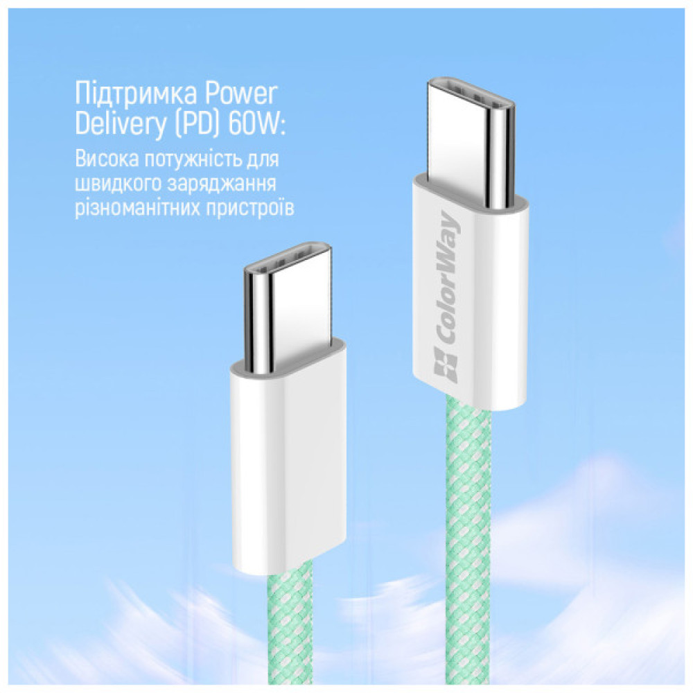 Дата кабель USB-C to USB-C 1.0m 60W 3.0А green ColorWay (CW-CBPDCC061-G)