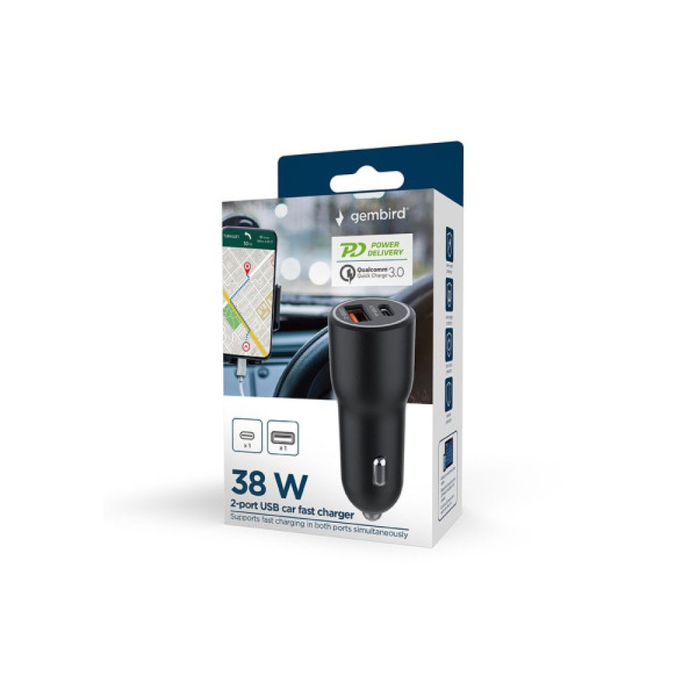 Зарядний пристрій Gembird 1xUSB-A (18W QC3.0) + 1xUSB-C (PD 20W) black (TA-UC-AC2PDQC38-CAR-01)