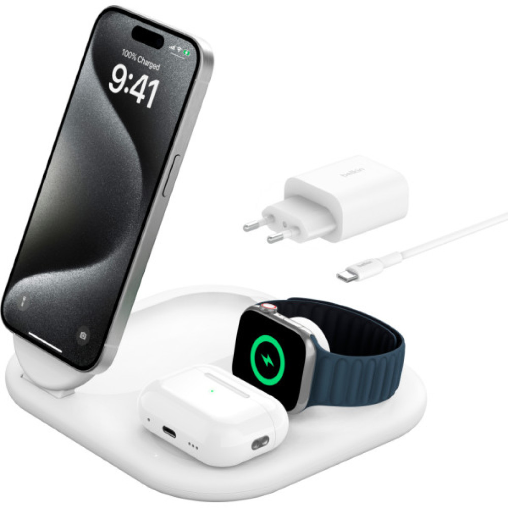 Зарядний пристрій Belkin 3in1 Magnetic Foldable iPhone/Watch/AirPods Qi2 15W white (WIZ029VFWH)