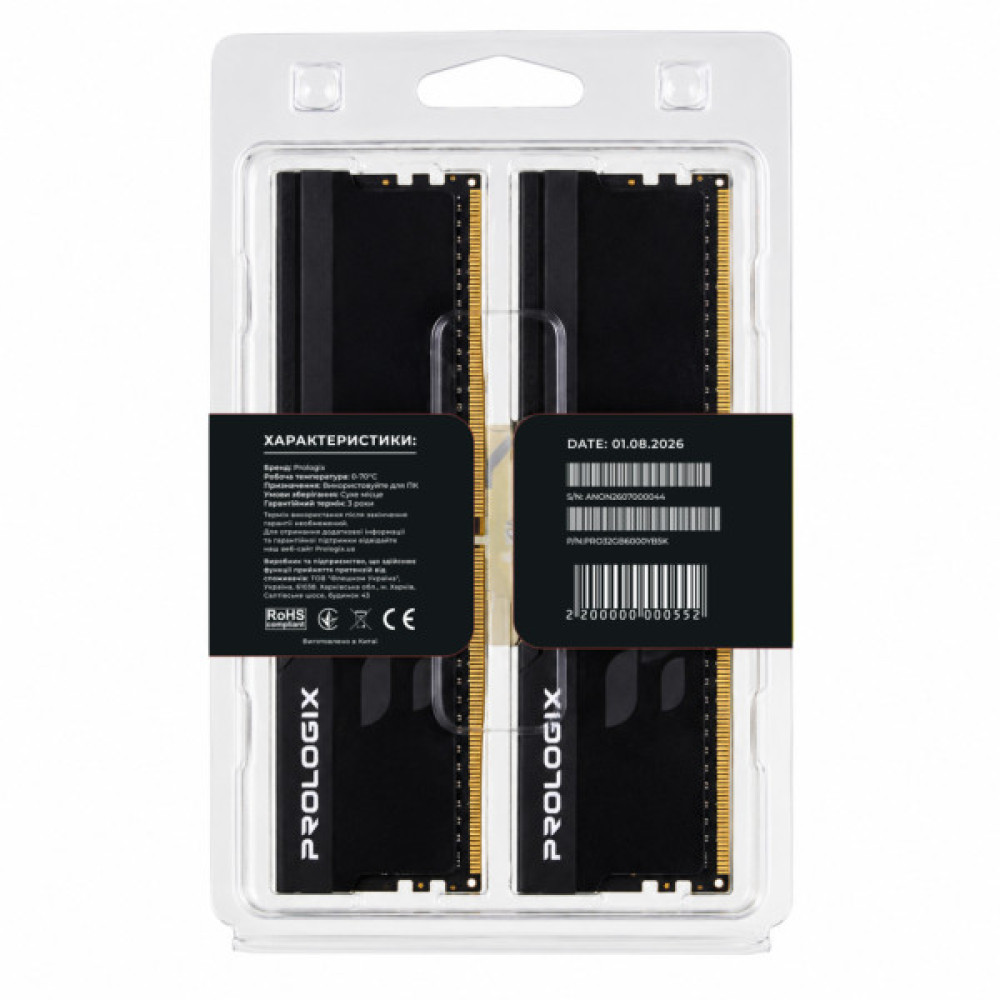 Модуль пам'яті для комп'ютера DDR5 32GB (2x16GB) 6000 MHz Onyx Black Prologix (PRO32GB6000YB5K)