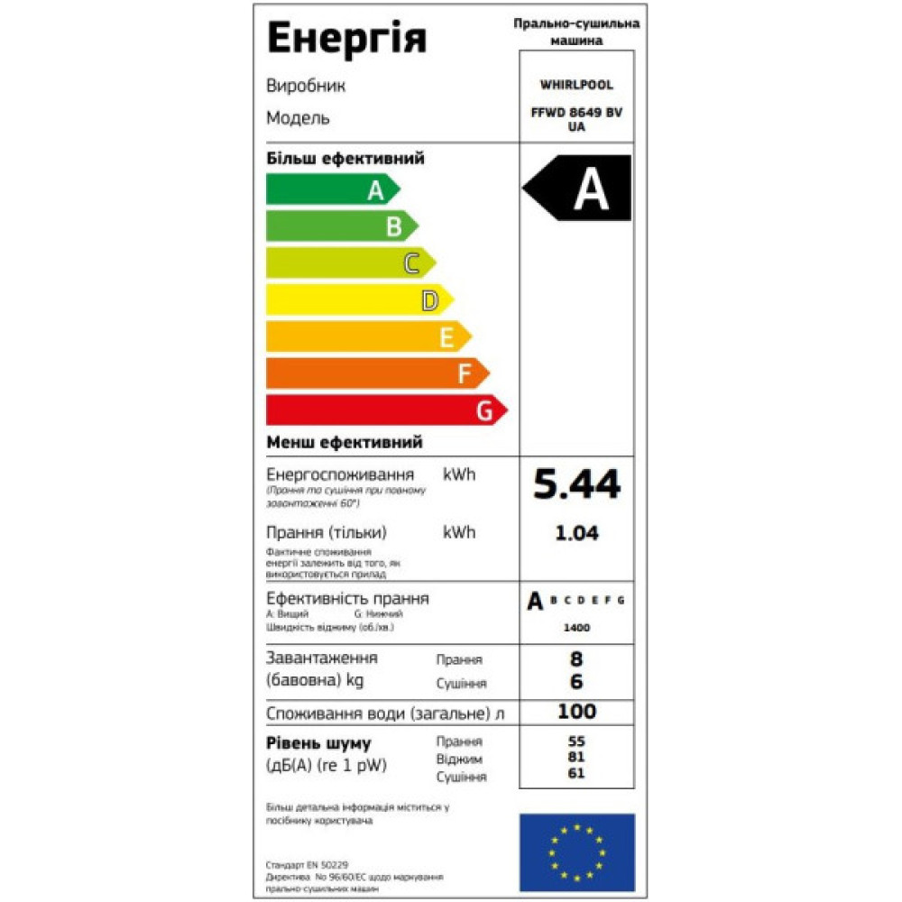 Прально-сушильна машина Whirlpool фронтальна, 8(6)кг, 1400, A, 60см, дисплей, пара, інвертор, білий