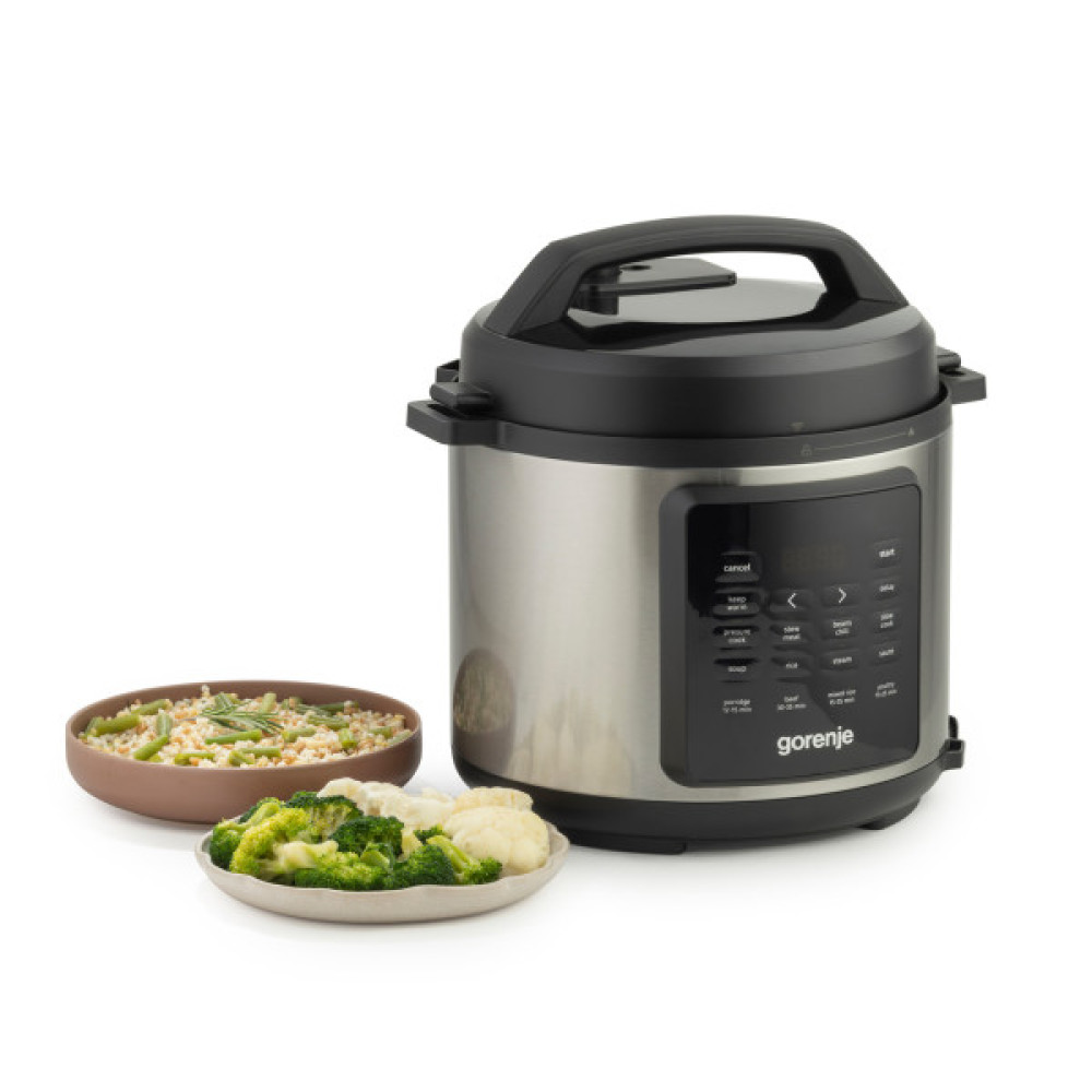Мультиварка-скороварка Gorenje, 1000Вт, чаша-6л, електронне керув., 8 програм, метал/пластик, чорний-нерж