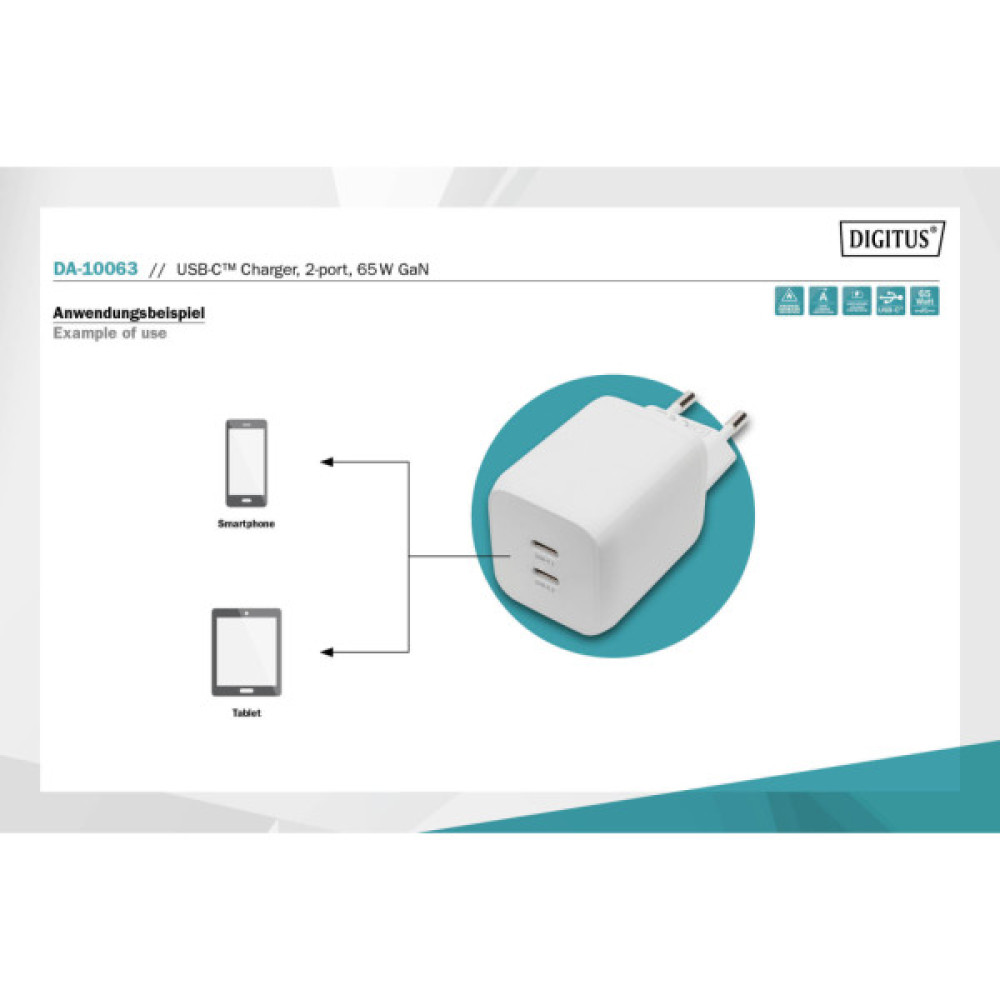Зарядний пристрій Digitus 2xUSB-C PD65W GaN (DA-10063)