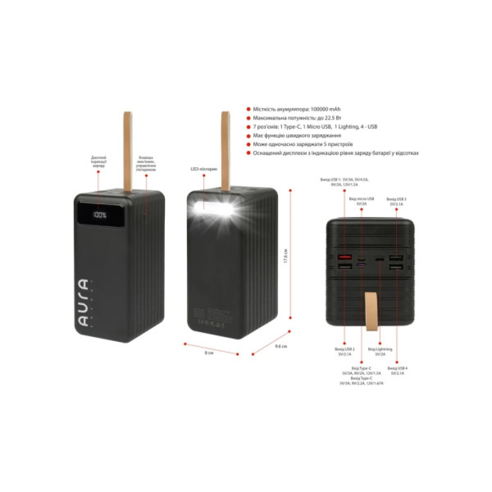 Батарея універсальна AURA NRG-P100 100000mAh 22.5W Black (PBANRG-P100B)