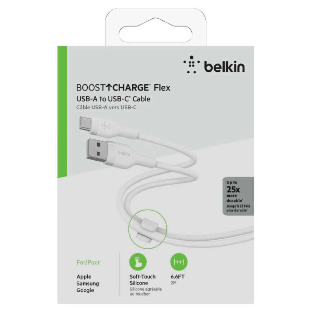 Кабель USB-A > USB-C заряджання/синхронізації Belkin 2м, 15Вт, Type-C, силіконовий з кліпсою, білий