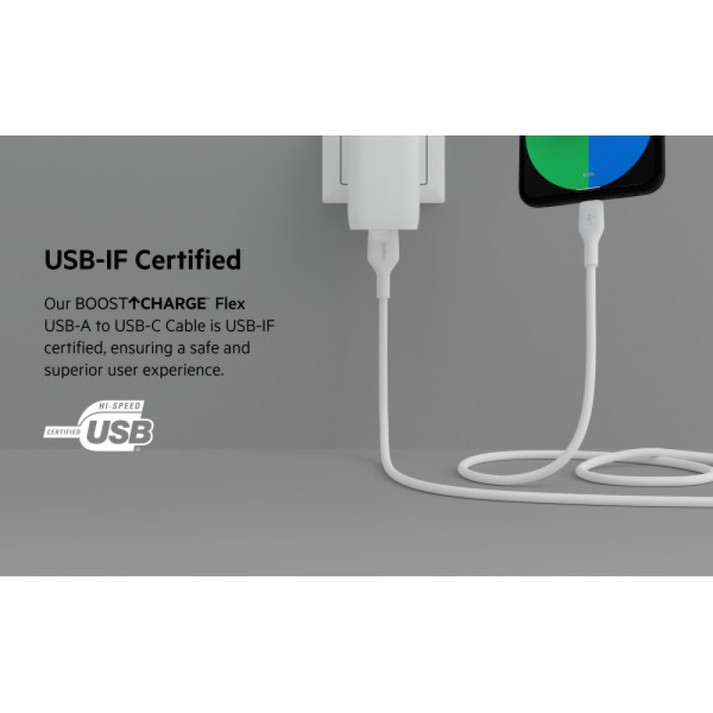 Кабель USB-A > USB-C заряджання/синхронізації Belkin 2м, 15Вт, Type-C, силіконовий з кліпсою, білий
