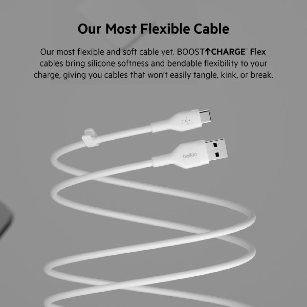 Кабель USB-A > USB-C заряджання/синхронізації Belkin 2м, 15Вт, Type-C, силіконовий з кліпсою, білий