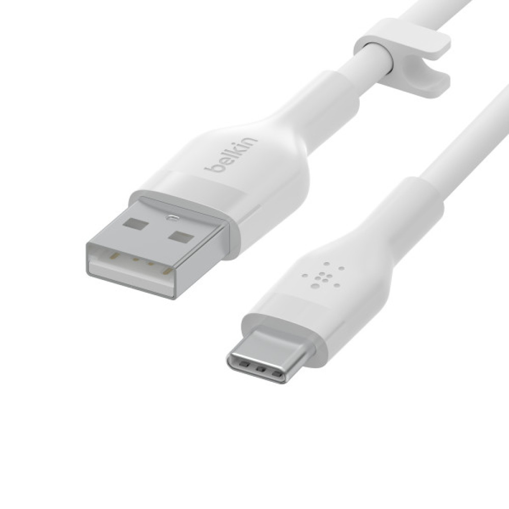 Кабель USB-A > USB-C заряджання/синхронізації Belkin 2м, 15Вт, Type-C, силіконовий з кліпсою, білий