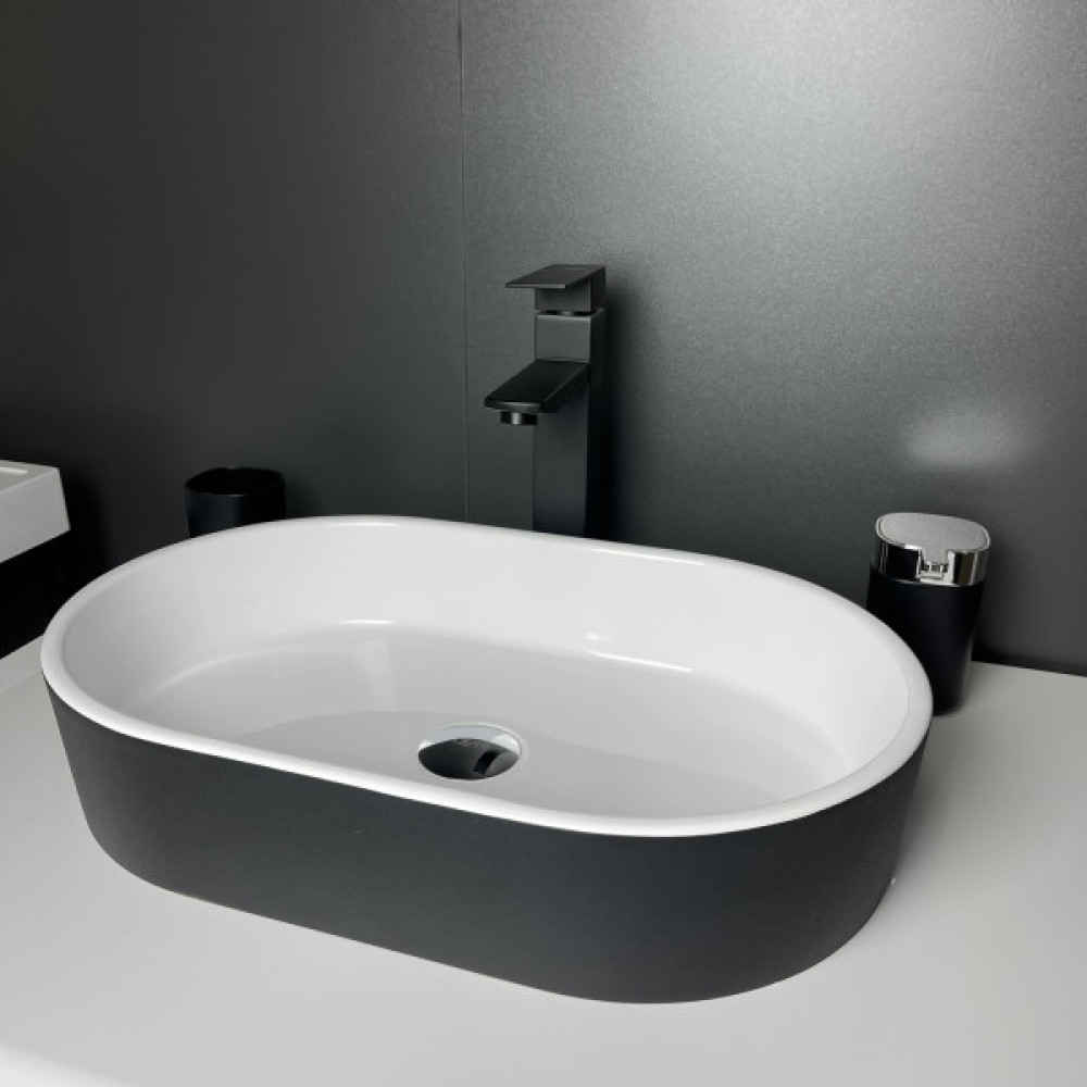 Раковина, умивальник Adamant BESTE NEW, штучний камінь, овальна, без отвору для змішувача та переливу, 540x350x11мм, накладний, чорно-білий