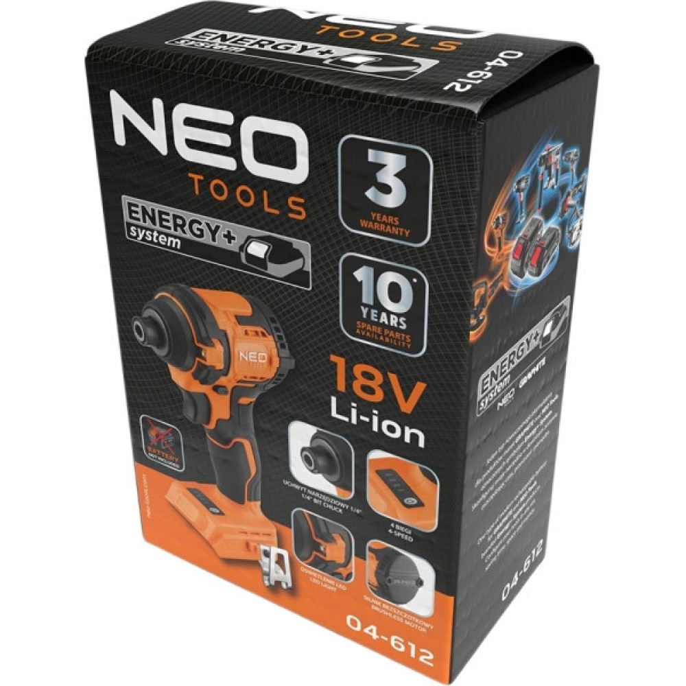 Гайковерт ударний Neo Tools Energy+ 18В безщітковий 3600об·хв 300Нм 1/4" 4 швидкості 0.85кг без АКБ та ЗП