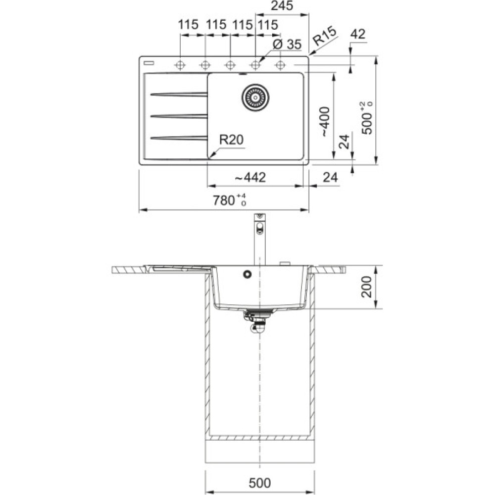 Мийка кухонна Franke Centro, фраграніт, прямокутник, з крилом, 780х500х200мм, чаша - 1, врізна, CNG 611-78 TL, сірий камінь