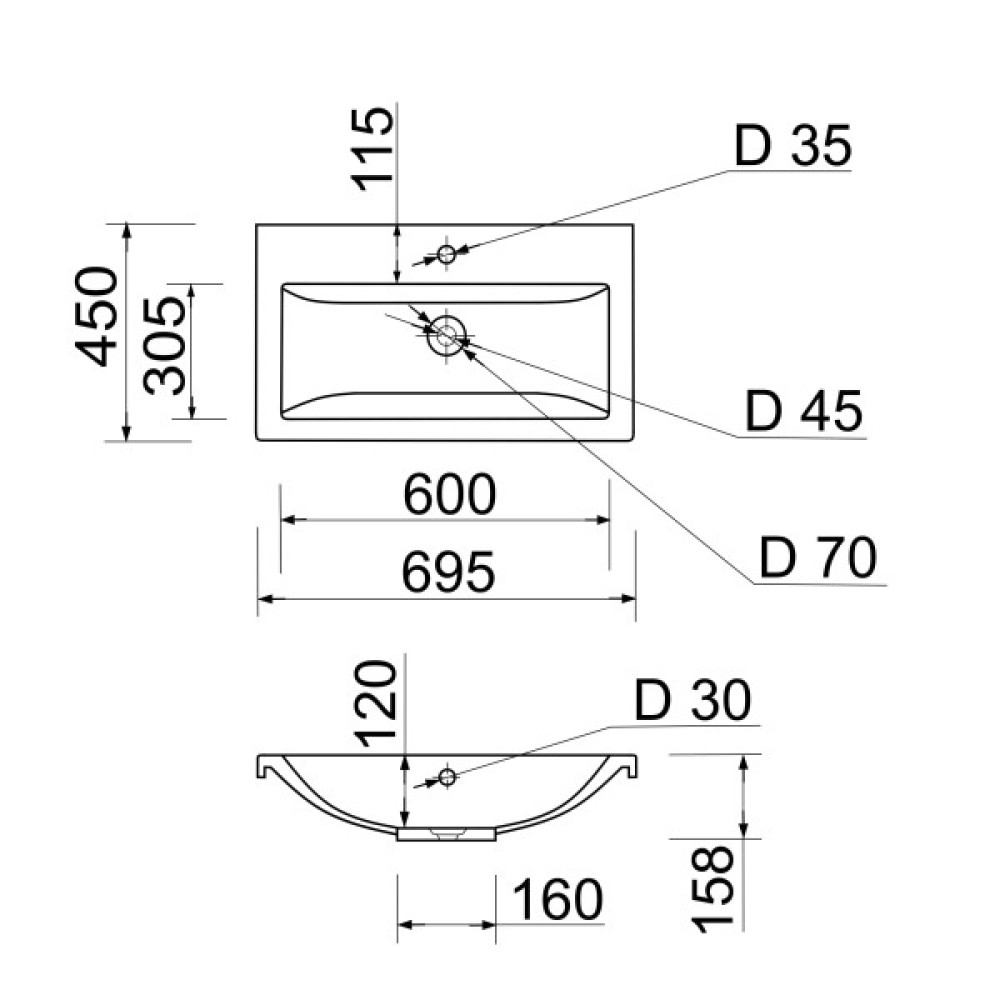 Раковина, умивальник Adamant CERS, штучний камінь, прямокут., з отвором для змішувача, з отвором для переливу, 695x450x158мм, накладний, білий