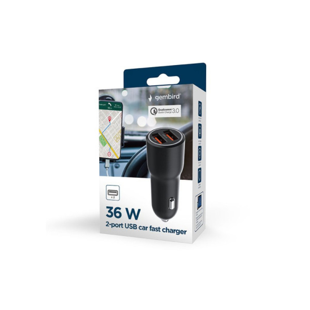 Зарядний пристрій Gembird 2xUSB QC3.0 car adapter black (TA-UC-A2QC36-CAR-01)