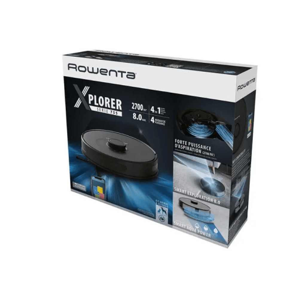 Робот-пилосос Rowenta X-Plorer Serie 75 S, h=9.5см, вологе прибирання, конт пил -0.4л, вода -0.3л, автон. робота до 120хв, НЕРА, управління через смартфон, чорний