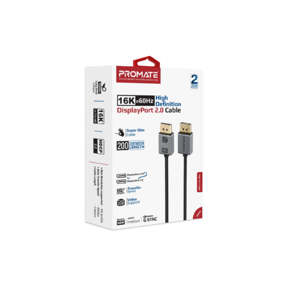 Кабель мультимедійний DisplayPort M to DisplayPort M V2.0 Promate (dplink-16k.black)