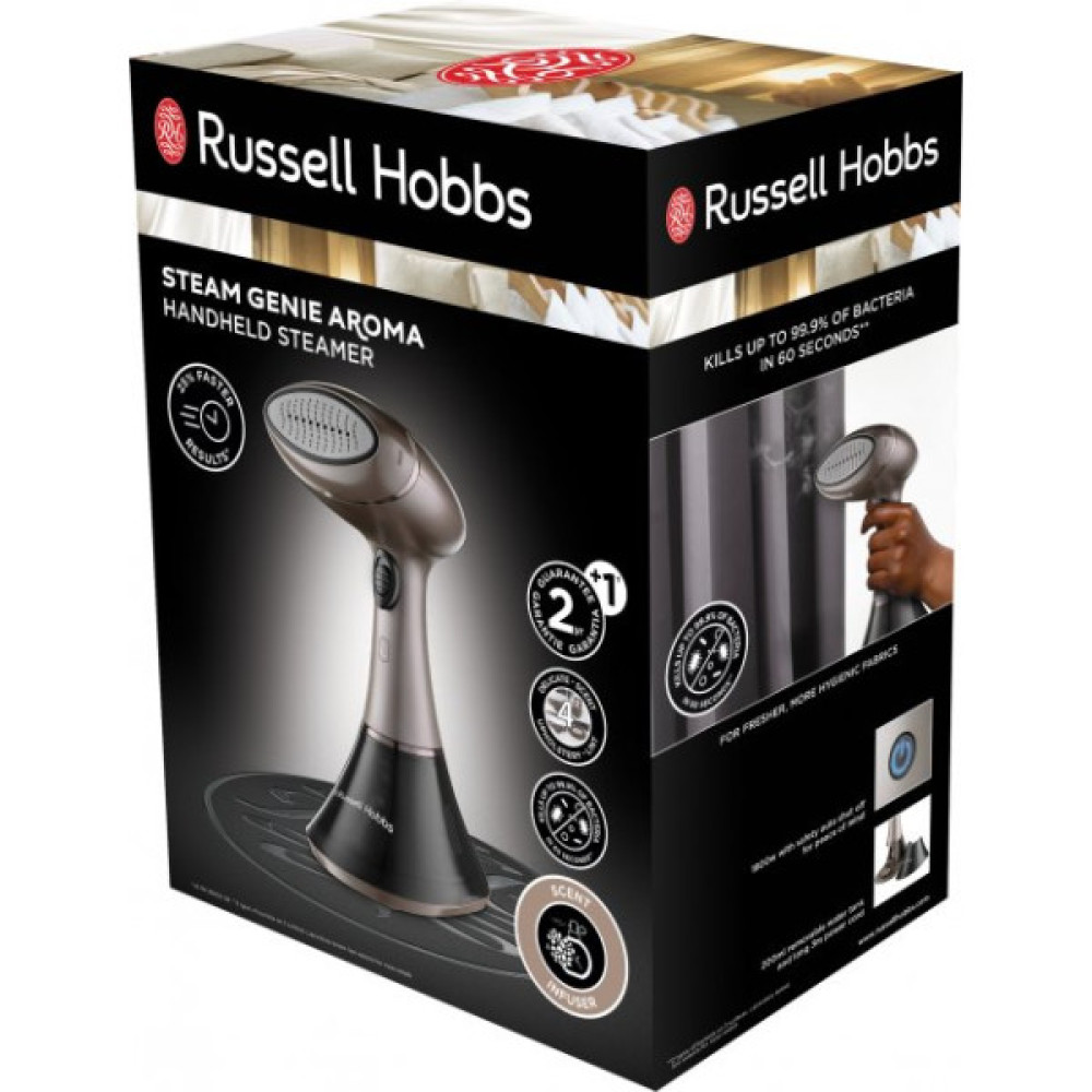 Відпарювач Russell Hobbs компактний Steam Genie Aroma, 1800Вт, 200мл, постійна пара - 32гр, керам. підошва, чорно-коричневий
