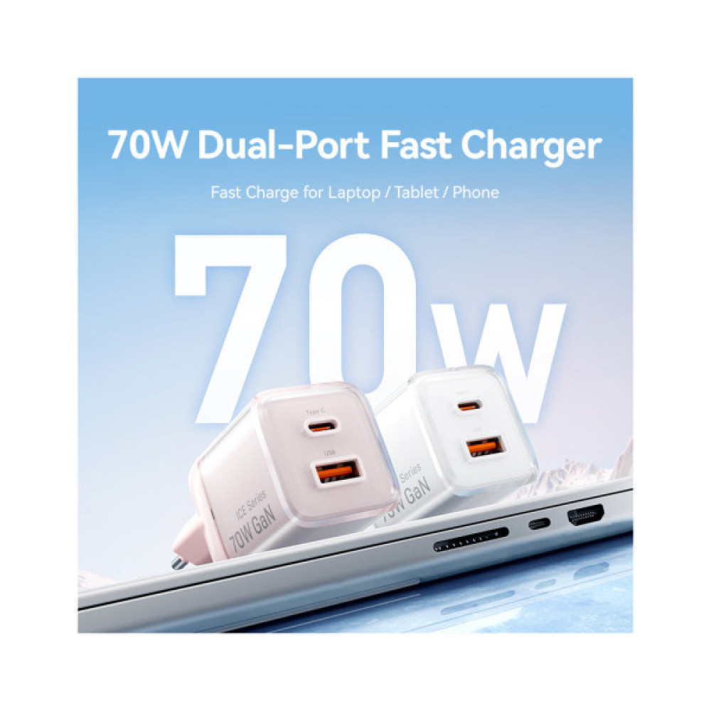 Зарядний пристрій Vention 1xUSB-C PD70W + 1xUSB QC3.0 22.5W GaN transparent gray (FCGH0-EU)