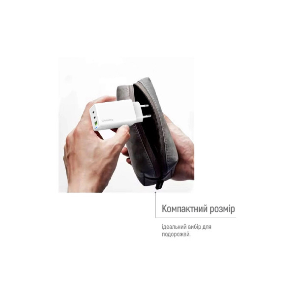 Зарядний пристрій ColorWay GaN Mini 65W PD Port PPS USB (USB-2C1A) cable Type-C&Lightning (CW-CHS058PDCL-WT)