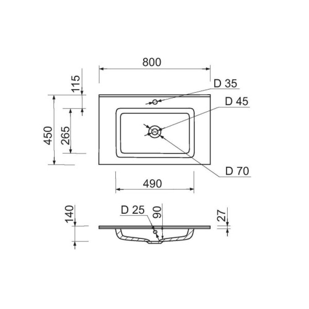 Раковина, умивальник Adamant FLATE, штучний камінь, прямокут., з отвором для змішувача, з отвором для переливу, 800х450х140мм, накладний, білий
