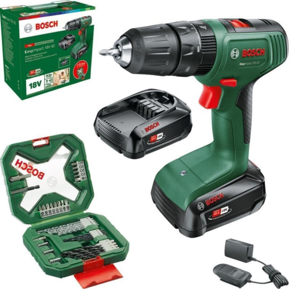 Шурупокрут-дриль акумуляторний Bosch EasyImpact 18V-40 18В 2х2А·год 20·38Нм 0-430·0-1630об/хв кейс ЗП набір 34шт (АС Xline) 1.4кг
