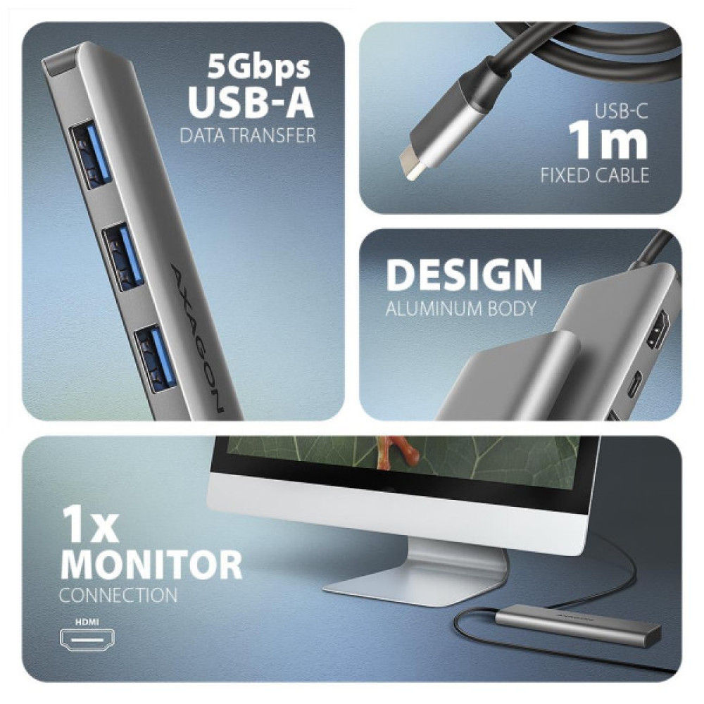 Концентратор AXAGON USB-C to 3xUSB-A + HDMI 5Gbps + PD 100W 1.0m grey (HMC-5H)