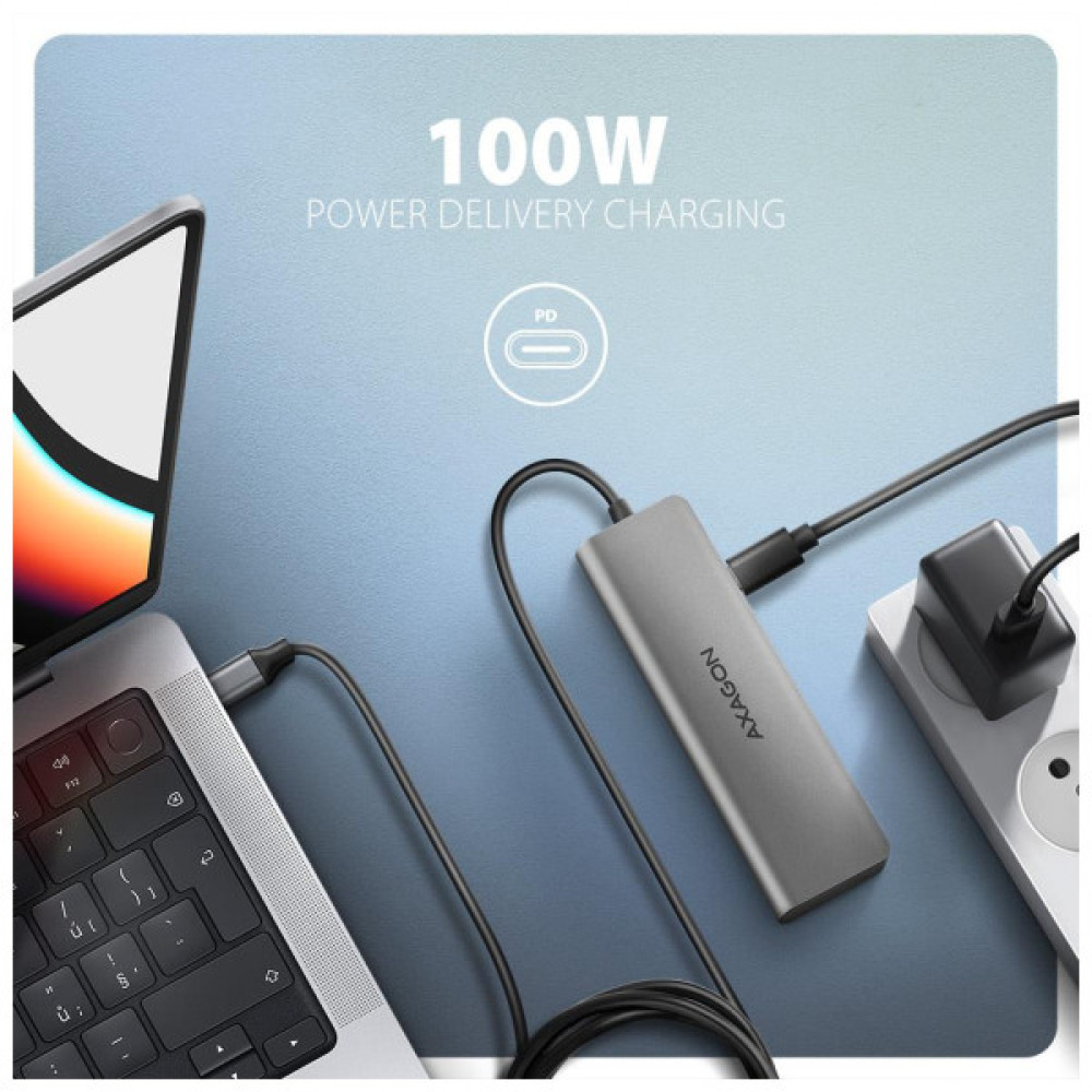 Концентратор AXAGON USB-C to 3xUSB-A + HDMI 5Gbps + PD 100W 1.0m grey (HMC-5H)