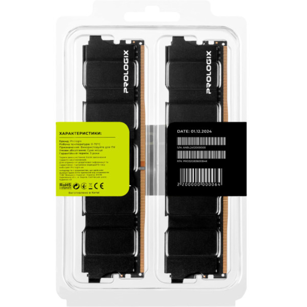 Модуль пам'яті для комп'ютера DDR4 32GB (2x16GB) 3600 MHz Black Prologix (PRO32GB3600B4K)