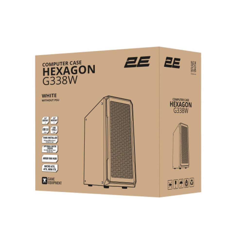 Корпус 2E GAMING Hexagon G338W без БЖ 2xUSB3.0, 1xUSBType-C, 3x120мм ARGB, 1x120мм, VGA 330мм, LCS ready, HUB, TG Side Panel, ATX, білий