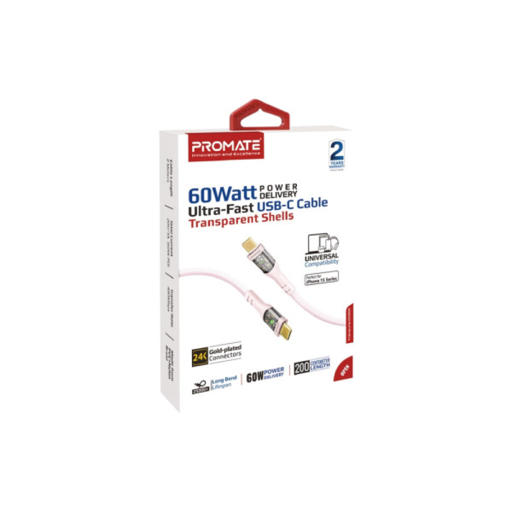 Дата кабель USB-C to USB-C 2.0m Promate (transline-cc200.pink)