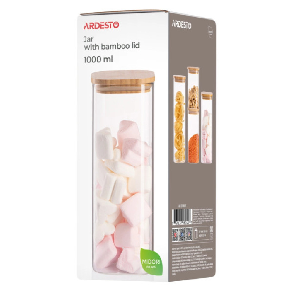 Ємність для сипучих продуктів ARDESTO Midori 1000мл, скло, бамбук, квадратна, прозорий (AR1310BBS)