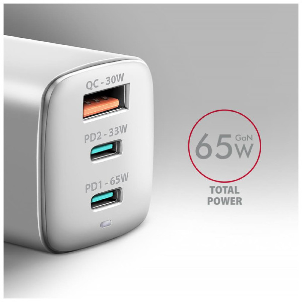 Зарядний пристрій AXAGON 1xUSB + 2xUSB-C 65W QC4+ PD3.0 PPS white (ACU-DPQ65W)