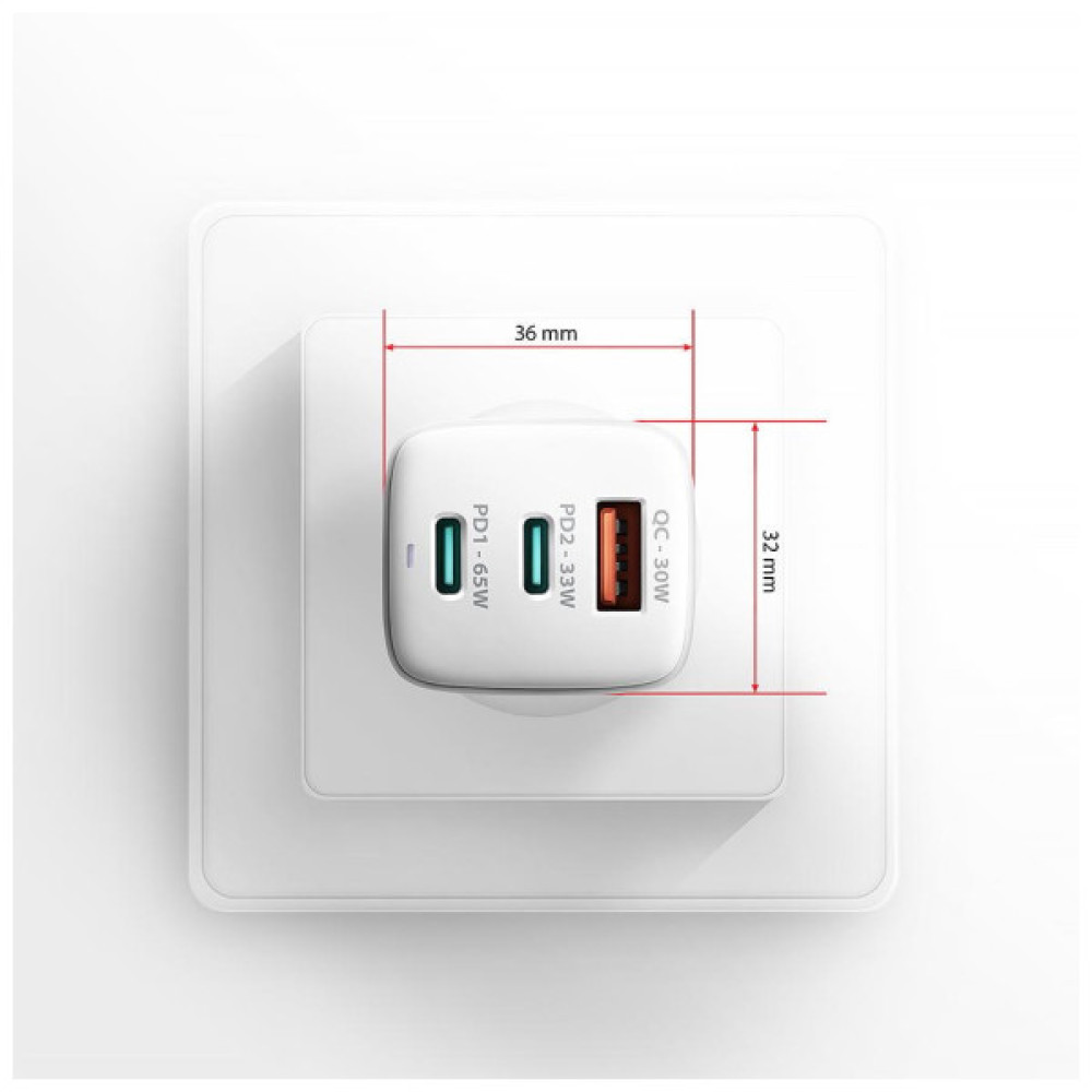 Зарядний пристрій AXAGON 1xUSB + 2xUSB-C 65W QC4+ PD3.0 PPS white (ACU-DPQ65W)