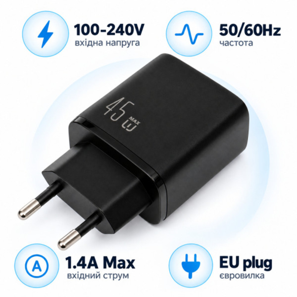 Зарядний пристрій Vinga 2xUSB-C + USB-A Display 45W (VCR45ACCDB)