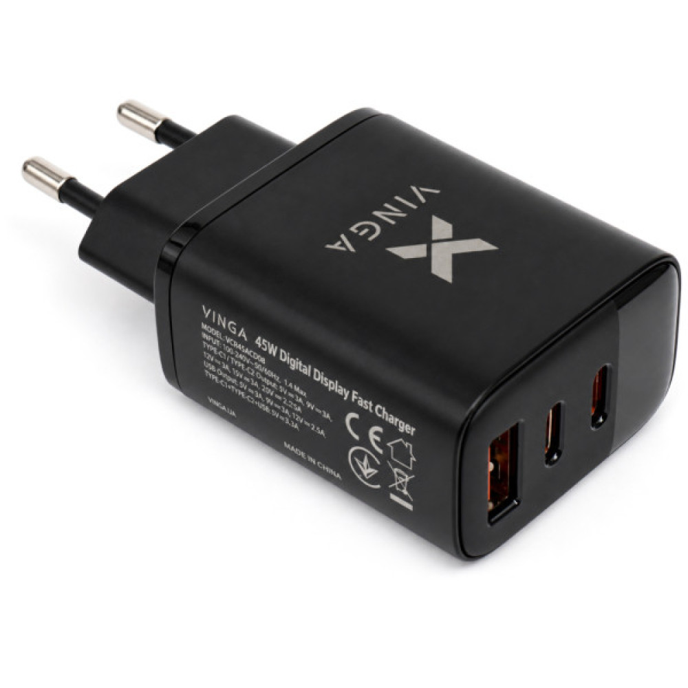Зарядний пристрій Vinga 2xUSB-C + USB-A Display 45W (VCR45ACCDB)