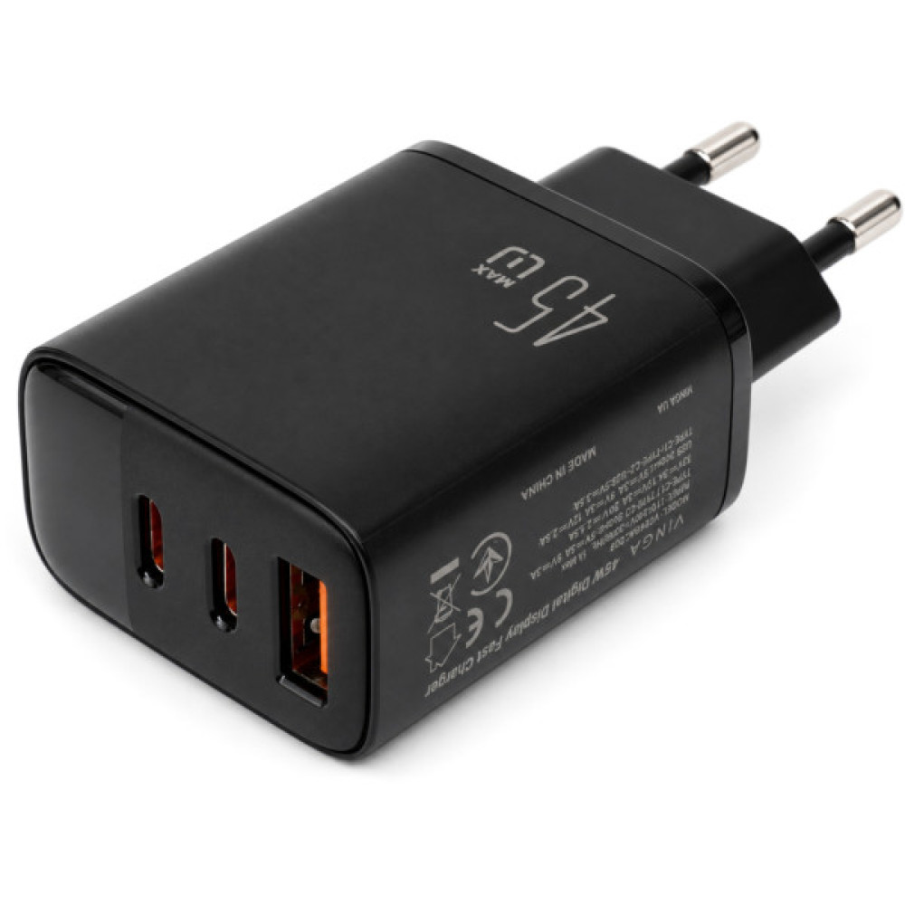 Зарядний пристрій Vinga 2xUSB-C + USB-A Display 45W (VCR45ACCDB)