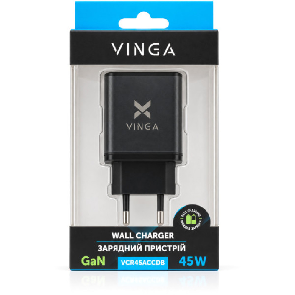 Зарядний пристрій Vinga 2xUSB-C + USB-A Display 45W (VCR45ACCDB)