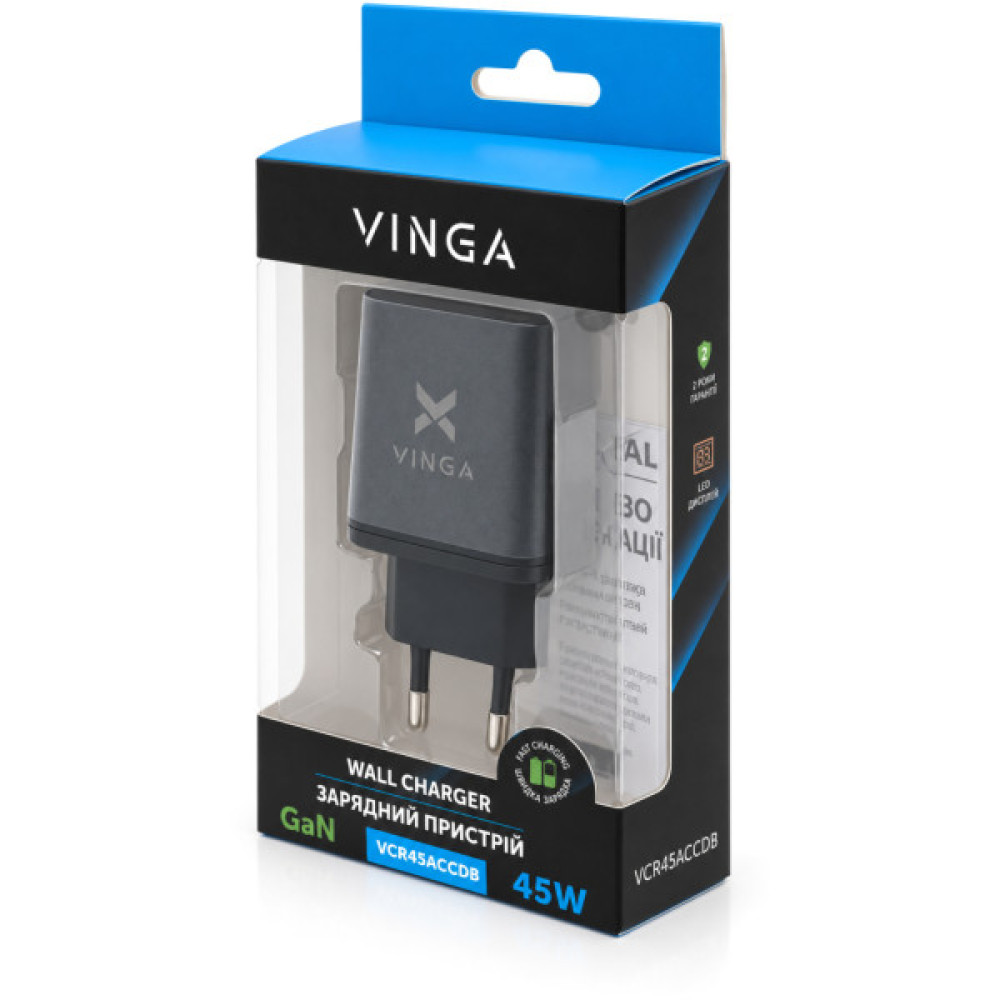 Зарядний пристрій Vinga 2xUSB-C + USB-A Display 45W (VCR45ACCDB)