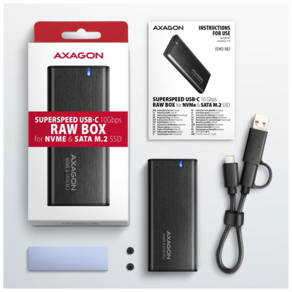 Кишеня зовнішня AXAGON USB-C 3.2 Gen 2 metal box for M.2 NVMe & SATA SSD RAW (EEM2-SB2)