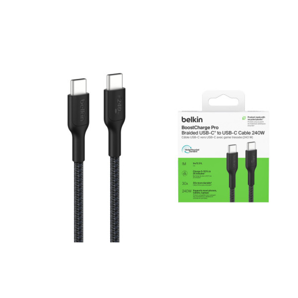 Кабель USB-C > USB-C заряджання/синхронізації Belkin 1м, 240Вт, Type-C, плетений, чорний