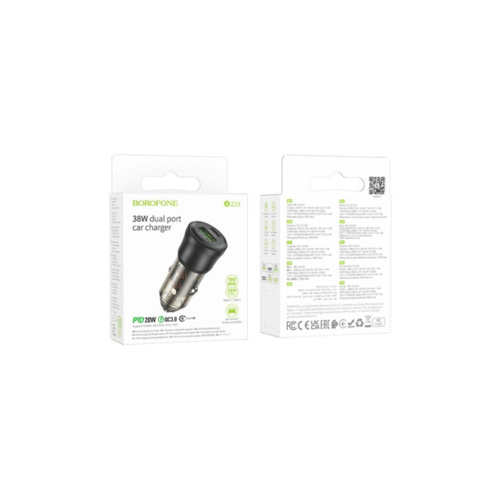 Зарядний пристрій BOROFONE 1xUSB-C PD + 1xUSB 38W car adapter transparent black (6941991106965)