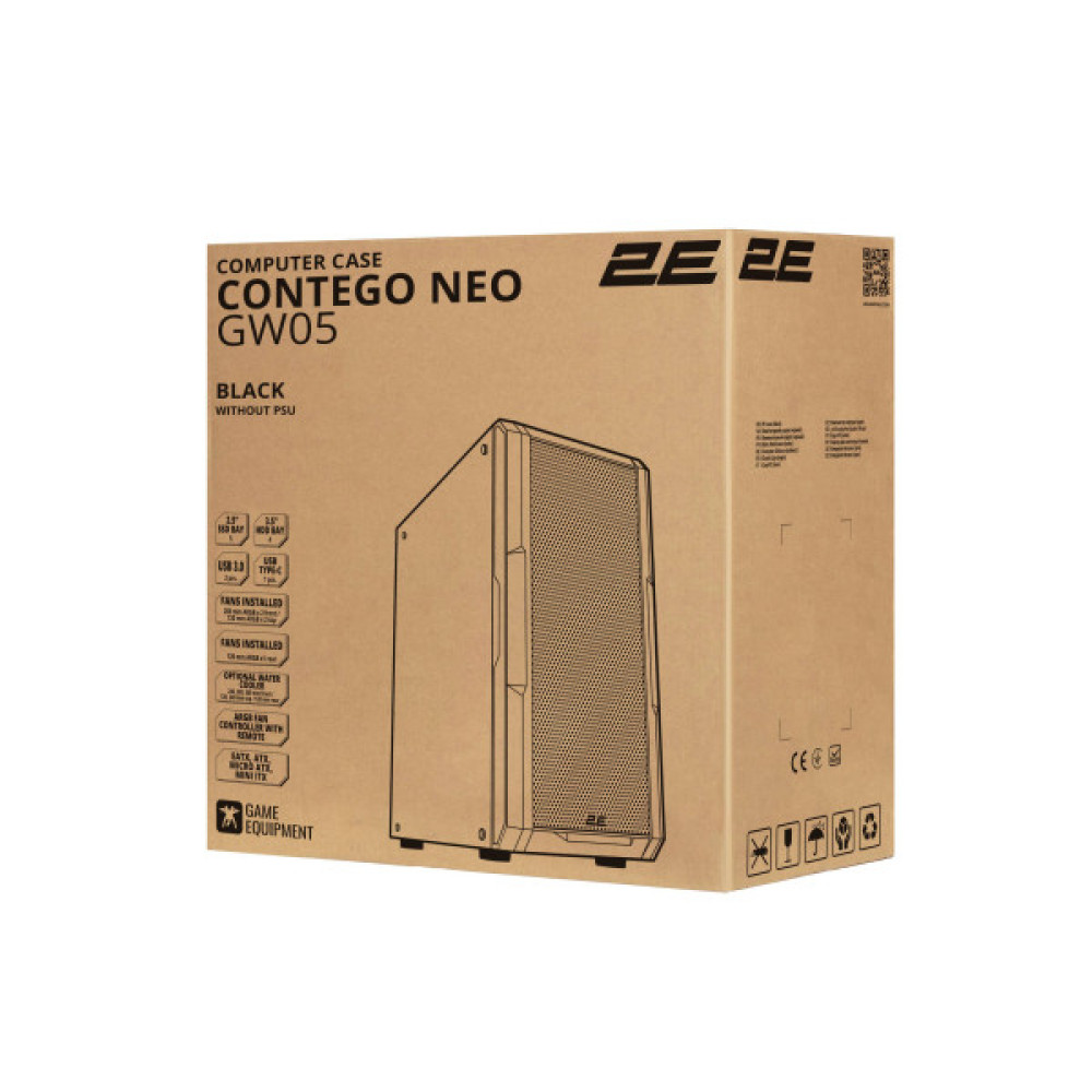Корпус 2E GAMING Contego Neo GW05 без БЖ 2xUSB3.0, 1xUSBType-C, 2x200мм, ARGB, 3x120мм ARGB, VGA 380мм, LCS ready, контролер з пультом, TG Side Panel, EATX, чорний